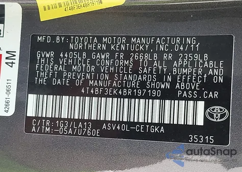 2011 Toyota Camry Xle z USA, uszkodzony, nr VIN 4T4BF3EK4BR197190